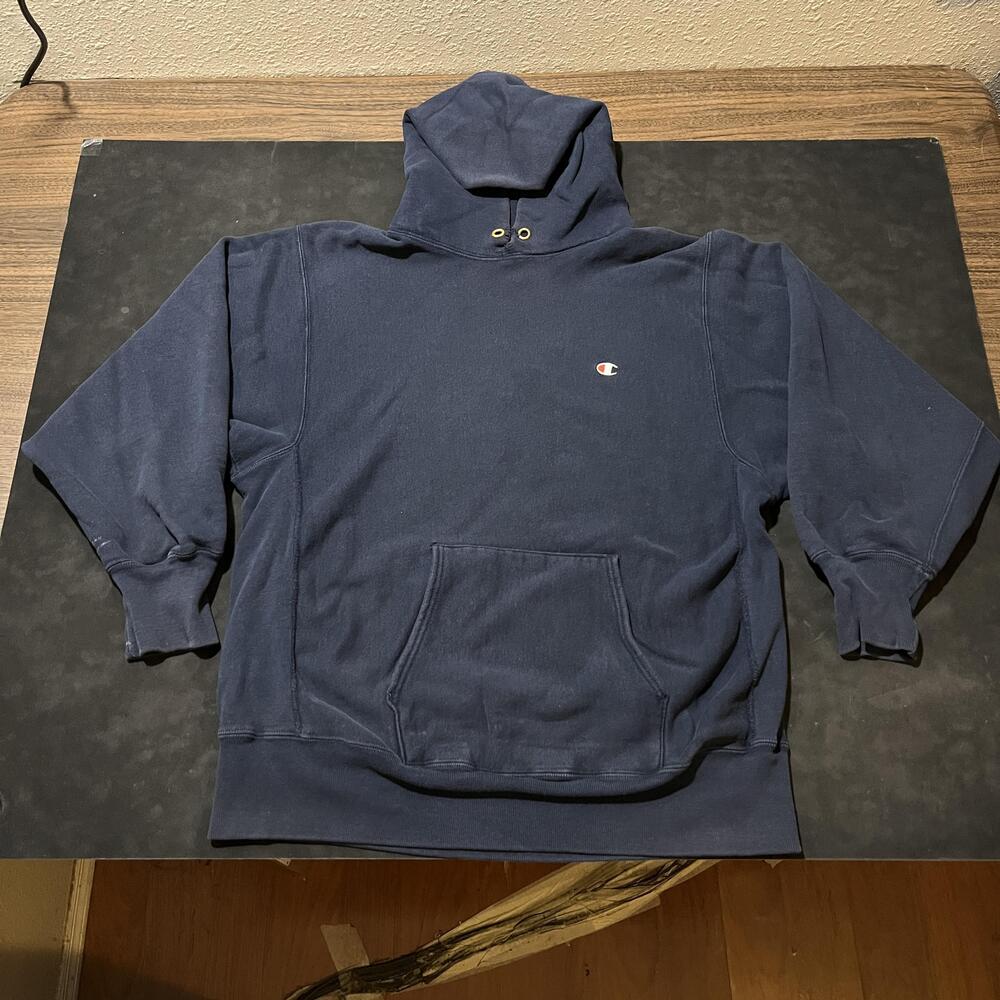 Vintage Champion Reverse Weave Hoodie USA 80s Flocked XL Pullover Blank Navy USN